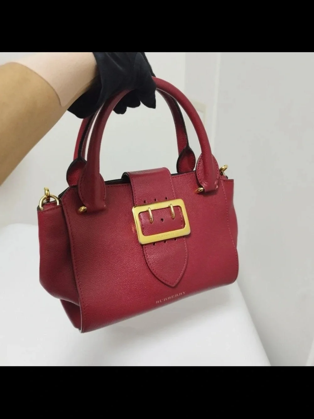 Burberry Burgundy Leather Satchel with Check Shoulder Strap